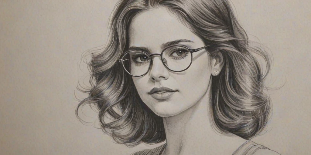 Exquisite Shelley Hennig, pencil sketch, portrait of Graceful woman 1930s in glasses, hair style beatnik, outline, clear lines, fine lines, 8k