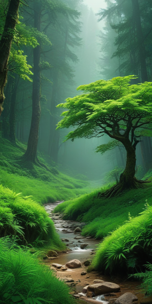 Tranquil Forest Scene with Lush Greenery and Gentle Flowing Stream