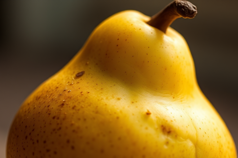 Capture a close-up, high-resolution photograph of a ripe pear, using a Canon EOS R5 camera with a 50mm f/1.8 lens at aperture f/2.8, ISO 100, and a shutter speed of 1/200s, with soft natural lighting for an appealing background blur.