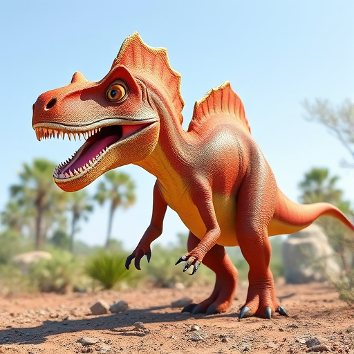 Regenerate an image of a Spinosaurus in an animated style, showcasing vibrant colors and dynamic pose, using a DSLR camera with a 50mm lens, aperture f/1.8, ISO 200, and a bright, natural lighting setup for enhanced detail and clarity.