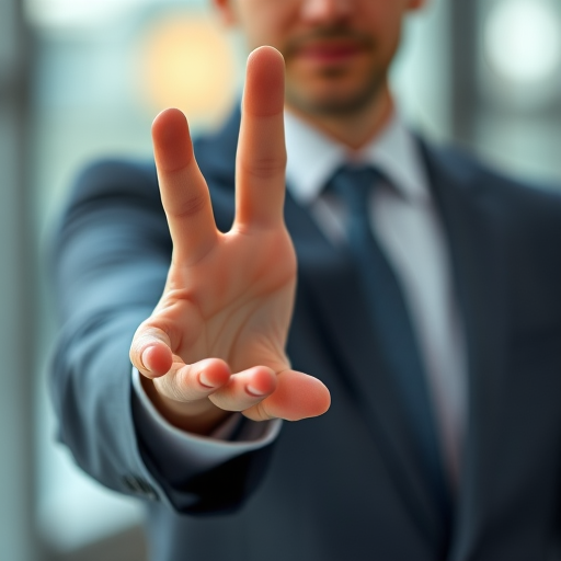 Create a high-resolution image of an outstretched hand in a business suit with a soft focus background, using a Canon EOS R5 camera, 50mm lens, f/2.8 aperture, 1/200 shutter speed, and ISO 100.