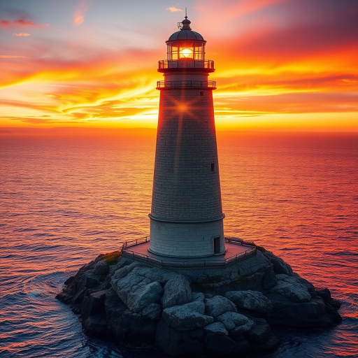 Generate an image of a tall lighthouse perched on a rocky outcrop surrounded by calm ocean waters during a breathtaking sunset. The lighthouse stands sturdy and weathered, its stone surface illuminated by the warm golden light of the setting sun. The sun's rays pass directly through the glass lantern room at the top of the lighthouse, casting a brilliant light across the scene. The sky is painted with vibrant shades of orange, pink, and purple, reflecting off the tranquil sea. The surrounding water shimmers with the same warm hues, creating a serene and majestic atmosphere.