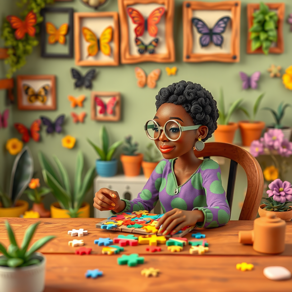 A vibrant and whimsical illustration of an african american woman sitting at a table working on a colorful jigsaw puzzle. she is wearing round glasses, and patterned clothing in shades of purple and green.  The background features an eclectic collection of framed butterflies, potted plants, and other natural elements, creating a warm and inviting atmosphere. The style is playful and modern, with rich textures, intricate details, and a lively color palette.