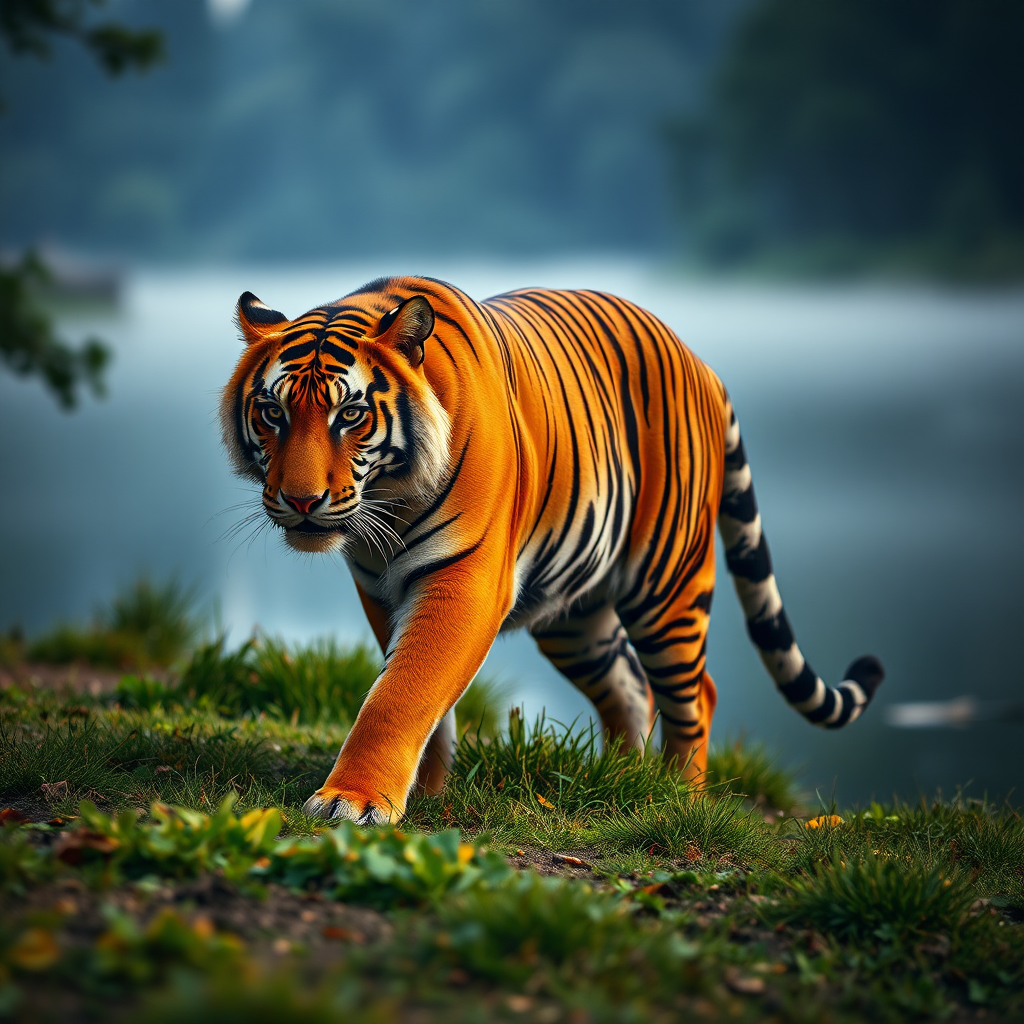 A realistic tiger walking near a misty forest lake, with vibrant colors and intricate details, shot in low light at dusk, using a DSLR camera with a 50mm lens at f/1.8, ISO 100, and a shutter speed of 1/200s.