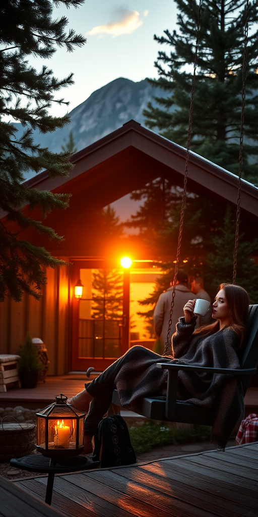 Secluded mountain cabin, surrounded by tall pine trees, a woman sits on the porch swing, wrapped in a blanket, sipping from a steaming mug as the sun sets behind the mountains.