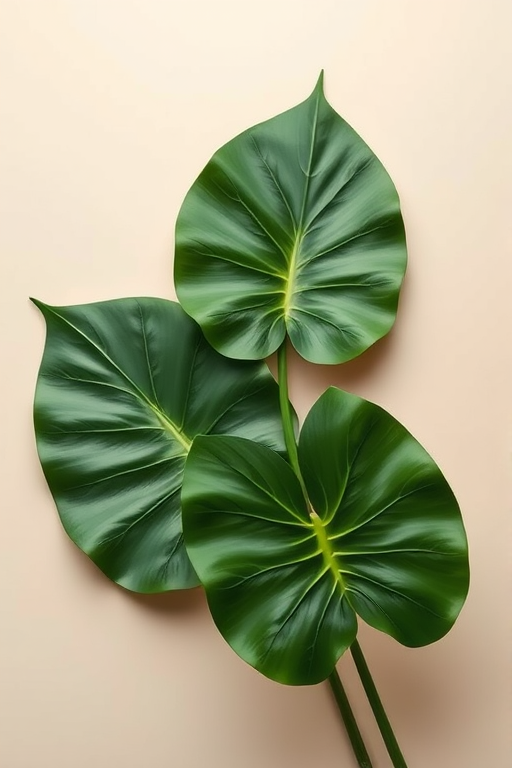 Regenerate an abstract composition featuring two green monstera leaves on a soft, neutral background, using a Canon EOS R5 with a 50mm lens, aperture f/2.8, ISO 100, and a top-down view for enhanced depth and clarity.