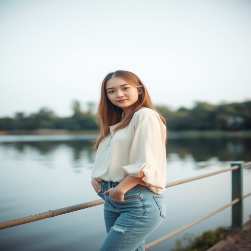 portrait of a young woman standing by a serene lake, wearing a pastel-colored blouse and denim jeans, soft natural lighting, aperture f/2.8, shutter speed 1/200s, ISO 100, shallow depth of field, shot with a DSLR camera from a low angle to capture reflections in the water and a blurred background