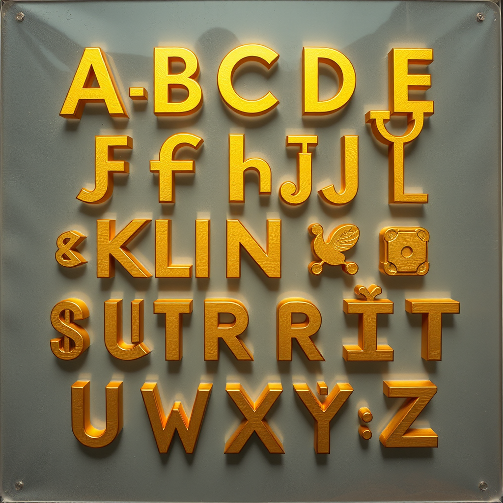 Regenerate an artistic representation of golden stylized alphabet letters and symbols against a transparent background, shot with a DSLR camera at f/2.8, 50mm focal length, ISO 100, using natural lighting for enhanced detail and clarity.