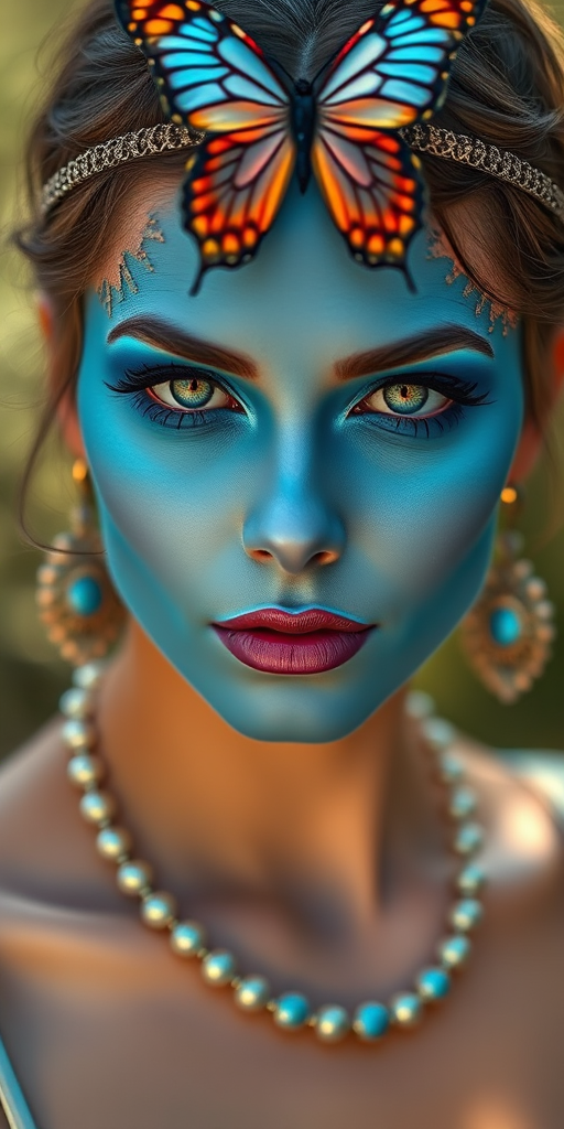 Portrait of a woman with striking blue makeup and a butterfly headpiece, soft focus background, natural light, 85mm lens, f/1.8 aperture, ISO 100, shot from eye level, using a Canon EOS R5.