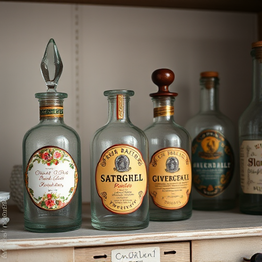 Create a vintage-style image of decorative glass apothecary bottles on a shelf, with intricate floral designs and labels, using a DSLR camera, 50mm lens, f/1.8 aperture, 1/60 shutter speed, natural light, soft focus, and high-resolution settings to capture fine details and colors.
