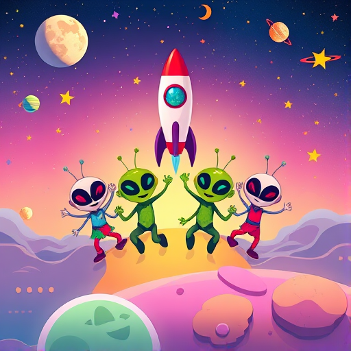 Create a vibrant illustration of cartoon aliens celebrating on a colorful planet, with a rocket in the background, a fun moonlit sky filled with stars and planets, using a digital art style, with a detailed character design, in high resolution at 300 DPI, captured from a frontal view.
