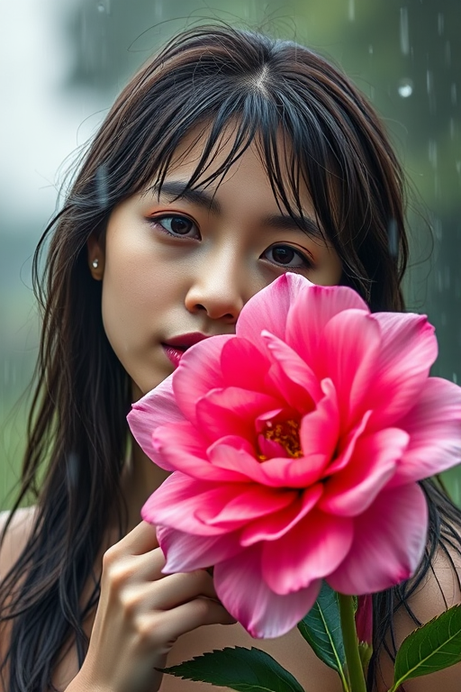 Generate a hyper-realistic portrait of a young woman with wet hair, gently holding a large pink flower in the rain, captured at a 50mm focal length, aperture f/1.8, ISO 200, with soft natural lighting, using a DSLR camera.
