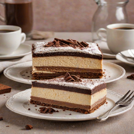 Generate an image of a delicious layered dessert with a creamy, light-colored filling and a dusting of cocoa powder on top. The dessert should have a smooth texture and visible layers, with biscuit or cake components. Include a slice on a decorative plate with a fork beside it, showcasing the cross-section and inviting presentation. The background should be soft and neutral to highlight the dessert.