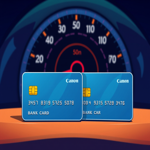Create an illustration of two stylized bank cards with a colorful speedometer in the background, using a Canon EOS R5 camera, 50mm lens, f/2.8 aperture, ISO 100, and soft natural lighting.