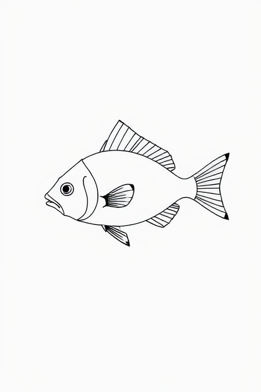 Generate a simple line drawing of a fish, using a Canon EOS R5 camera, 50mm lens, aperture at f/8, ISO 100, with overhead softbox lighting for even illumination, on a clean white background.