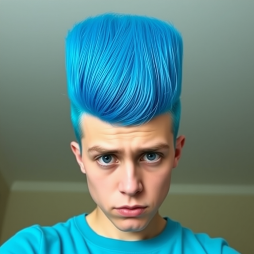Image of a person with their hair styled upright,  in a cylinder shape. The hair  color is neon blue and appears to be held in place by a hair product, giving it a fluffy texture. The background is nondescript, and the person's face is looking at the viewer nervously.
