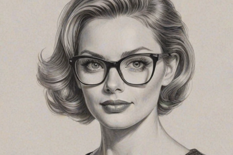 Elegant April Bowlby, pencil sketch, portrait of Enticing woman 1956s in glasses, hair style beatnik, outline, clear lines, fine lines, 8k