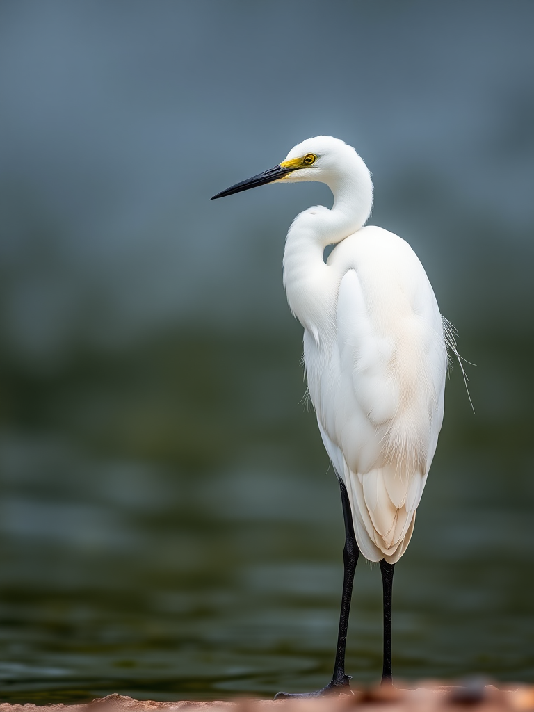 capture a snowy egret standing on the shore with a blurred background, aperture f/4.0, shutter speed 1/1000, ISO 200, focal length 200mm, portrait view, DSLR camera, natural light
