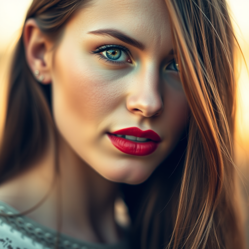 portrait of a woman with striking green eyes and red lips, soft natural lighting, shallow depth of field, 85mm lens, f/1.4 aperture, high-resolution digital photo, capturing intricate details of skin texture and hair, subtle warm background tones