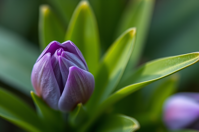 Capture a close-up of a purple flower bud nestled among green leaves, using a macro lens, aperture set to f/2.8 for shallow depth of field, ISO 200, 1/100s shutter speed, in natural soft light, with a blurred background for emphasis on the flower.
