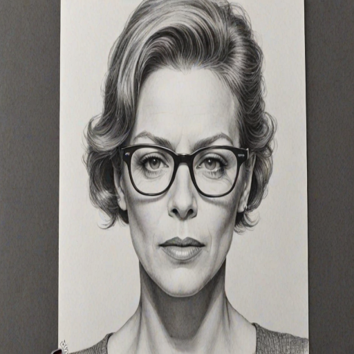 Fetching Jaime Lee Curtis, pencil sketch, portrait of Comely woman 1939s in glasses, hair style beatnik, outline, clear lines, fine lines, 8k
