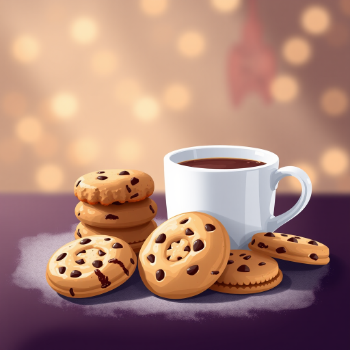 Generate an illustration of a variety of cookies and a cup of hot chocolate, displayed artistically, with a soft-focus background, using a digital camera at f/2.8, ISO 100, 50mm lens, in a studio lighting setup for vibrant colors and enhanced details.