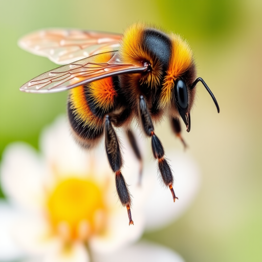 Create a highly detailed watercolor illustration of a bumblebee, showcasing intricate textures on the wings and body, with vibrant colors for the stripes, against a soft blurred background, using macro photography settings, f/2.8 aperture, 100mm lens, natural lighting, and high-resolution capture.