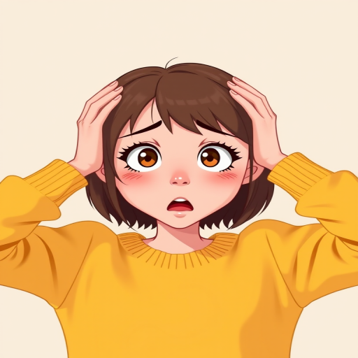 Regenerate a cartoon character of a surprised young woman with medium brown hair in a yellow sweater, hands on her head, expression of shock, minimalist background, shot with a Canon EOS R5, 50mm lens, f/2.8 aperture, ISO 100, and soft lighting for enhanced quality.