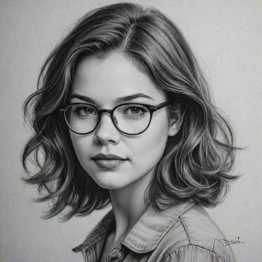 Resplendent Danielle Campbell, pencil sketch, portrait of Enchanting woman 1928s in glasses, hair style beatnik, outline, clear lines, fine lines, 8k