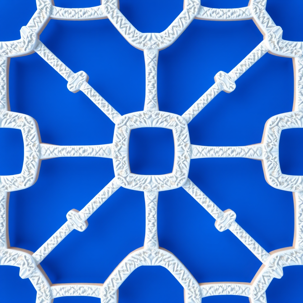 Create a high-resolution abstract pattern featuring interconnected white rectangles on a vibrant blue background, using a DSLR camera with a macro lens, aperture set to f/8, shutter speed at 1/125, and ISO 200 for enhanced clarity and texture.
