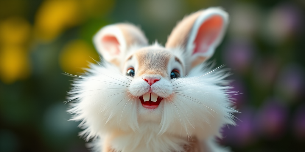 Create a vibrant, high-resolution image of a cute cartoon bunny with fluffy fur and a joyful expression, using a Canon EOS R5 with a 50mm f/1.2 lens, aperture set to f/2.8, ISO 100, and a soft focus background to enhance the subject's detail and clarity.