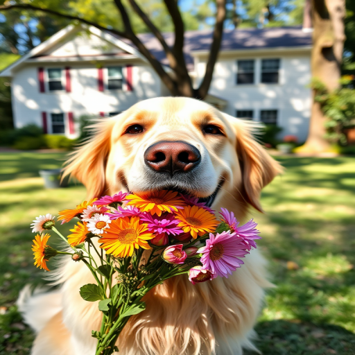 A happy golden retriever holding colorful flowers in its mouth in a sunny backyard with a house in the background and trees surrounding the area