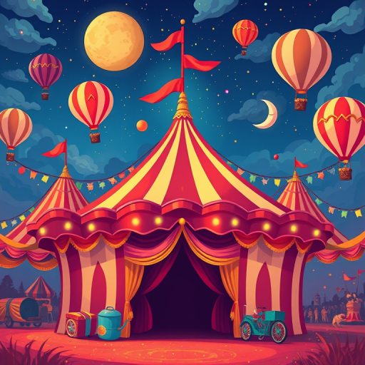 Create a vibrant, colorful illustration of a circus scene with a strong focus on a whimsical tent, hot air balloons, and a performer on the moon, using a Canon EOS R5 with a 24-70mm f/2.8 lens, aperture set to f/8, ISO 100, and a wide-angle view to capture intricate details and vivid colors, in a flat design style.