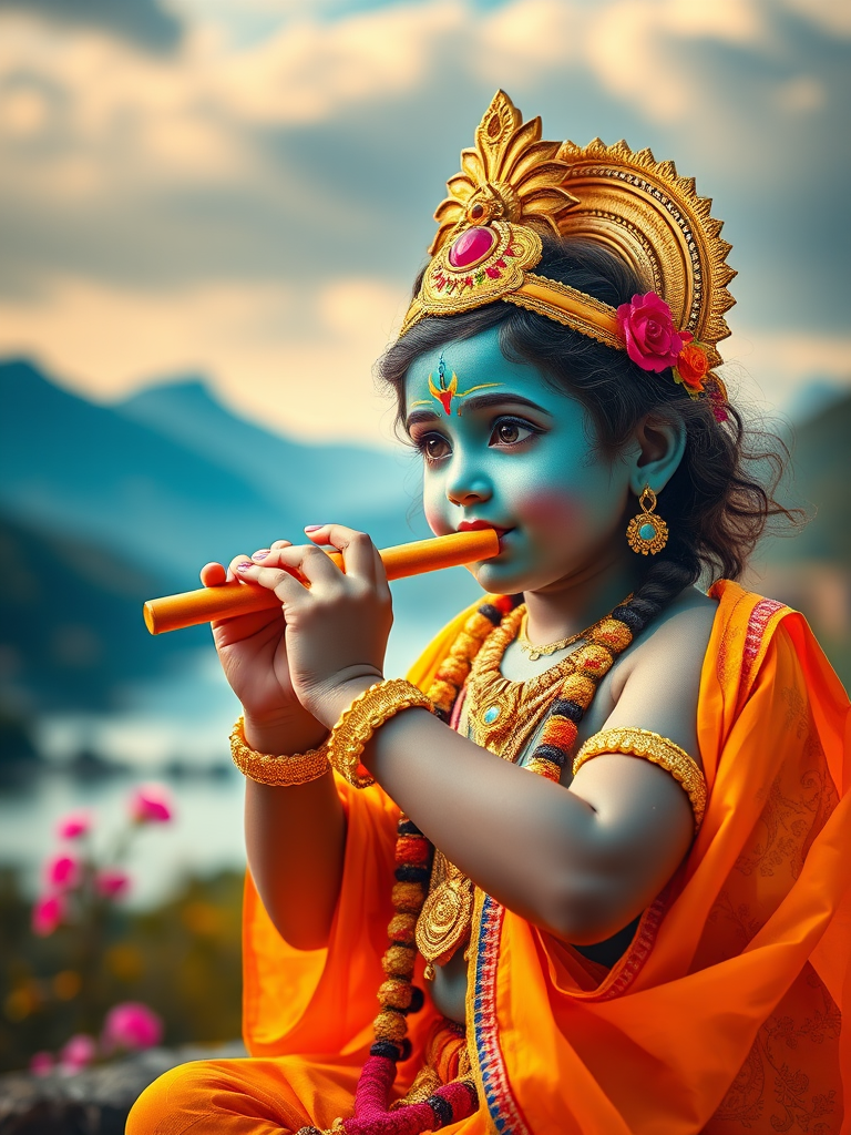 Create a vibrant and colorful image of a young deity playing a flute, surrounded by a serene landscape with mountains and water in the background, using a Canon EOS R5 with an 85mm lens, aperture f/1.8, ISO 100, a soft focus effect to enhance the divine atmosphere and high dynamic range for vivid colors.