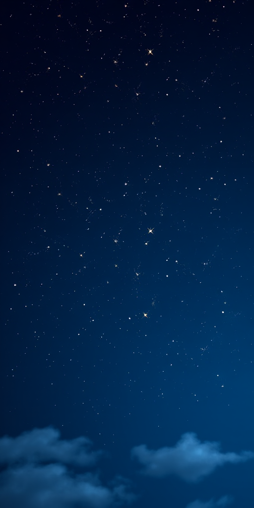 Create an image of a starry night sky filled with twinkling stars against a deep blue background. Include a soft, cloud-like texture in the lower part of the image to add depth.