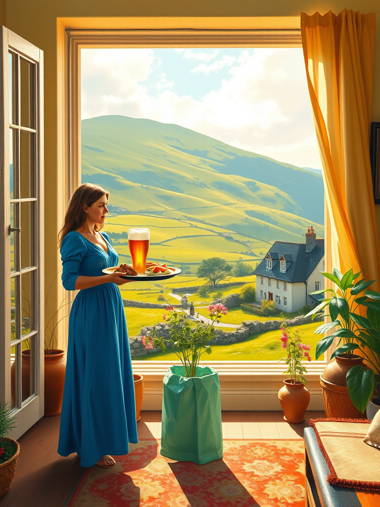 In "A Glass of Beer on the Highland," a serene scene is depicted in a sunlit room where a woman in a vibrant blue dress stands by a large window. She holds a tray with a hearty meal and a frothy glass of beer, embodying a moment of relaxation. Outside, the breathtaking highland landscape features rolling green hills and a charming traditional house, all bathed in warm afternoon light. The interior is adorned with potted plants, creating a harmonious blend of comfort and nature. The painting beautifully captures the tranquility and joy found in simple pleasures amidst stunning scenery