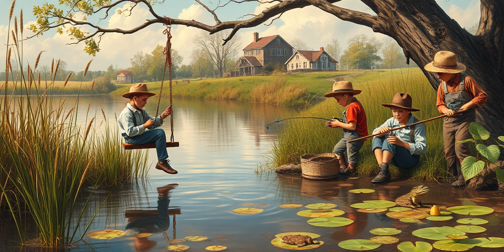 Imagine a small group of old fashioned young boys out fishing by the creek, a swing hanging from a tree branch, reeds and grasses by the water's edge, a frog sitting on a lily pad, dragonflies hovering over som water plans, a very iconic old fashioned scene reminiscent of a Norman Rockwell painting style