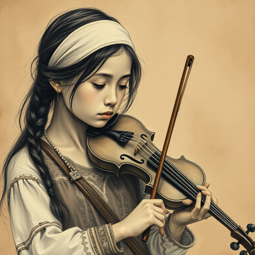 a young M'tis woman with a white headband playing a violin, in the style of a charcoal drawing, sepia grunge background