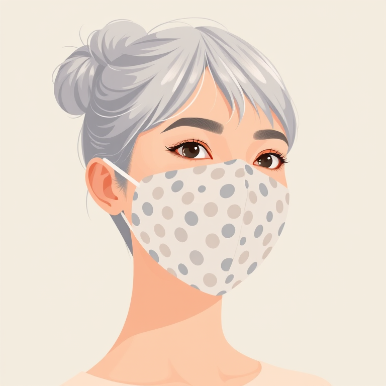 Create a digital illustration of a young woman with short hair styled in a bun, wearing a patterned face mask, in a minimalistic style, using soft pastel colors, with a neutral background; camera settings: ISO 100, f/2.8, 1/125 sec; camera view: close-up, camera style: modern flat design, camera type: digital illustration.