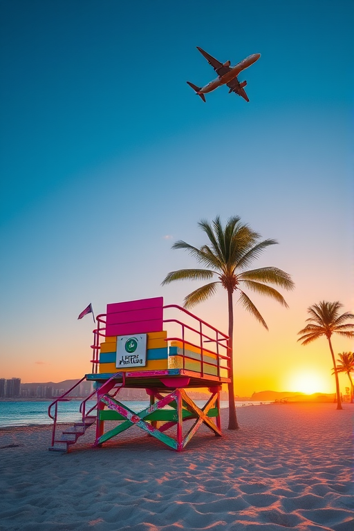 Create a vibrant beach scene featuring a colorful lifeguard tower, palm trees, city skyline, and an airplane flying in a bright blue sky at sunset with a wide-angle lens, f-stop 8, ISO 100, and a Canon DSLR camera.