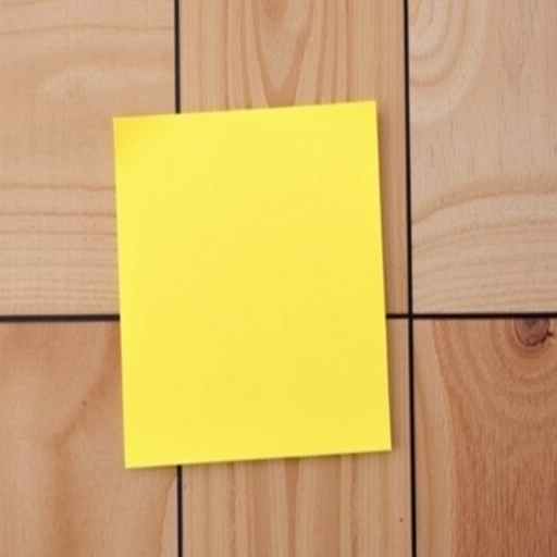 Create a bright yellow sticky note on a wooden surface, shot with a DSLR camera, 50mm lens, f/2.8 aperture, ISO 100, natural lighting, shallow depth of field, top-down view.