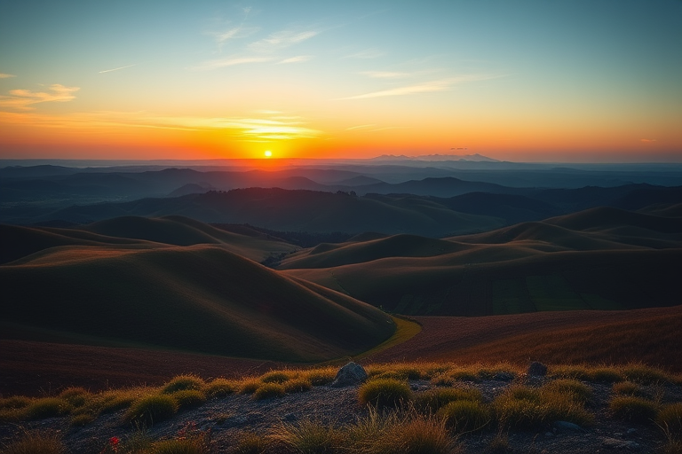 Create an image of a serene landscape with rolling hills and a sunset in the background, taken with a DSLR camera at f/8 aperture, ISO 200, 1/100s shutter speed, wide-angle view, and using a vibrant color profile for enhanced image quality.