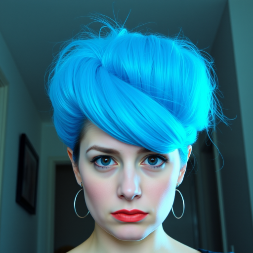 Image of a woman with their hair styled upright,  in a cylinder shape. The hair  color is neon blue and appears to be held in place by a hair product, giving it a fluffy texture. The background is nondescript, and the person's face is looking at the viewer nervously.