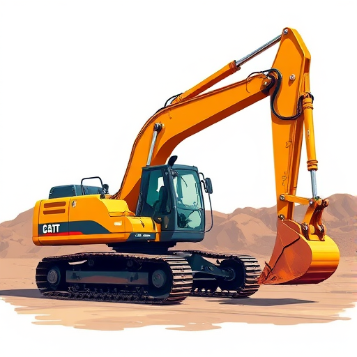 Create a high-resolution illustration of an excavator, using a Canon EOS 5D Mark IV, 50mm lens, f/8 aperture, ISO 100, capturing a side view with vibrant colors and sharp details for enhanced image quality.