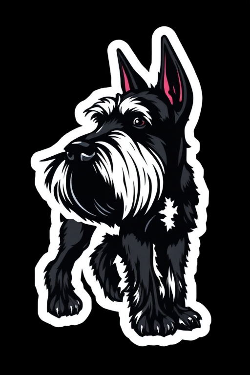 generate sticker, 3D black and white giant schnauzer, black background