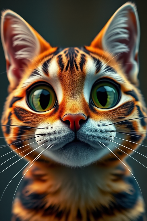 Generate a vibrant cartoon cat face with exaggerated features, using a Canon EOS R5 at f/2.8, 50mm lens, shot from a front view, in high dynamic range to enhance color saturation and detail.