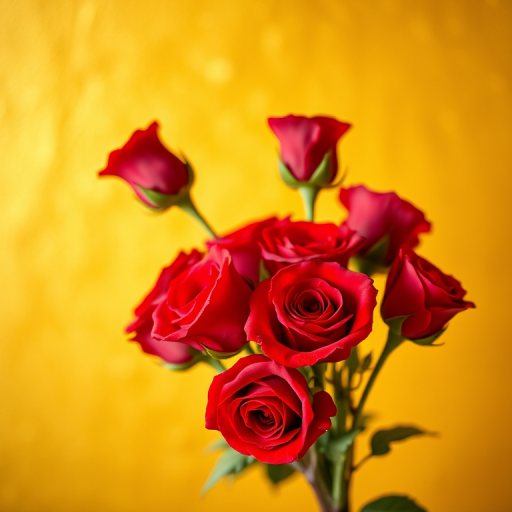 still life of a bouquet of red roses against a textured golden background, shallow depth of field, soft lighting, ISO 200, f/2.8, 50mm lens, aperture priority mode, taken with a DSLR camera