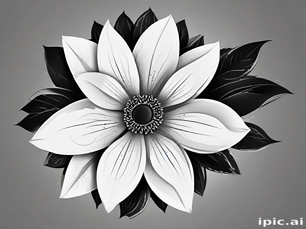 Elegant Black and White Floral Design Featuring Intricate Petals and Leaves