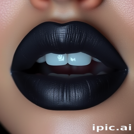 Charcoal gray lips with a smoky gradient effect, named "Midnight Haze," feature a velvety texture and subtle silver sparkle for sultry evening looks and night club scenes