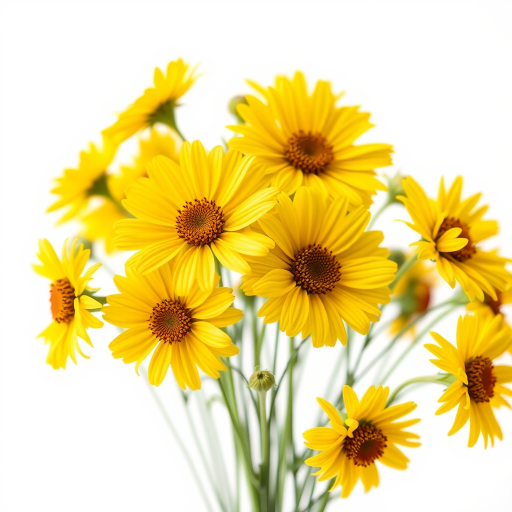 create a watercolor image of a bouquet of yellow flowers with a soft white background, use a Canon EOS R5 camera, 35mm lens, aperture f/2.8, shutter speed 1/250s, ISO 100, natural light, and a soft focus style.